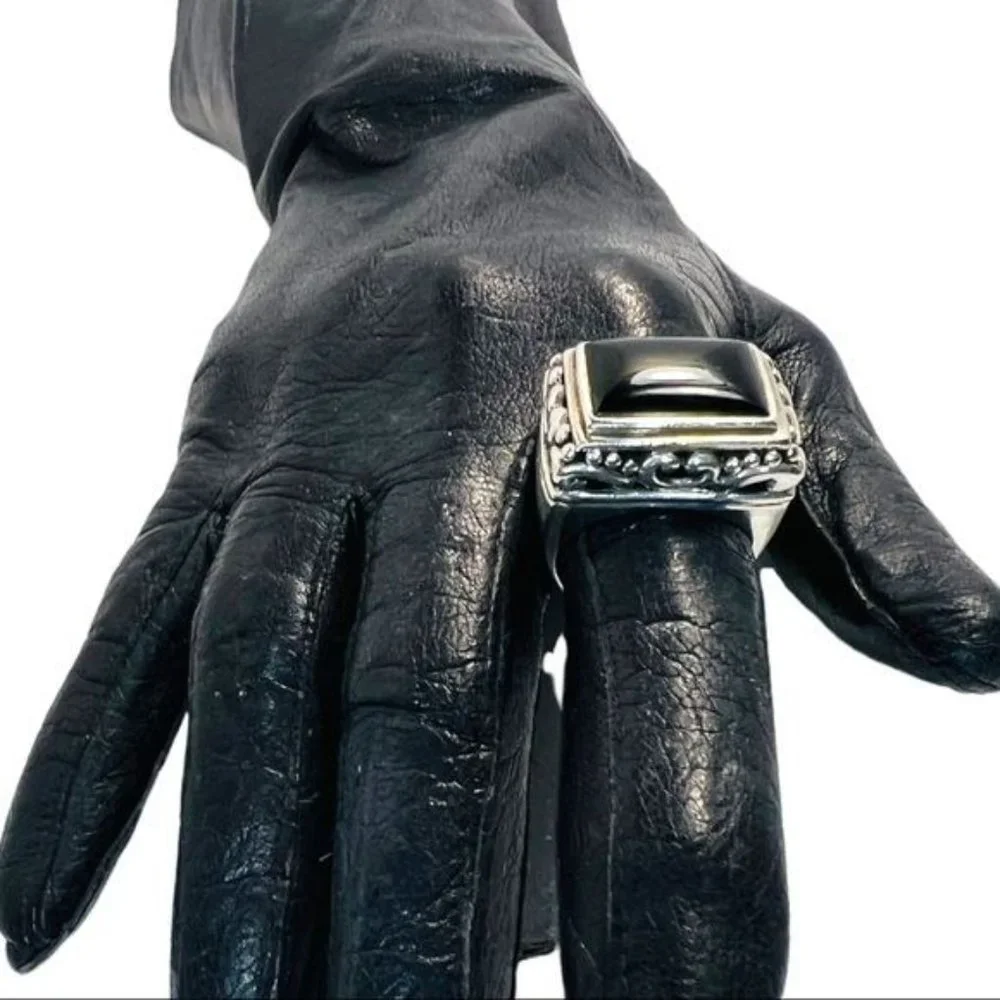 925 Thailand Silver Filigree Large Square Statement RingW/ Black Onyx Cabochon - Picture 8 of 13